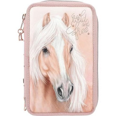Depesche 11773 Miss Melody Romantic - Filled 3-Compartment Pencil Case in Pink with Horse Motif, Pencil Case with Coloured Pencils, Ruler, Scissors and much more