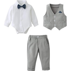 Baby Boys Clothing Set Suit 3-24 Months, Toddler Gentleman Long Sleeve Romper Shirt + Trousers + Vest + Bow Tie Festive Christening Wedding