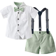 Baby Boys Festive Suit Set Toddler Gentleman Outfit Children's Short Sleeve Shirt with Bow Tie + Braces + Shorts 4-Piece for Wedding Birthday Christening