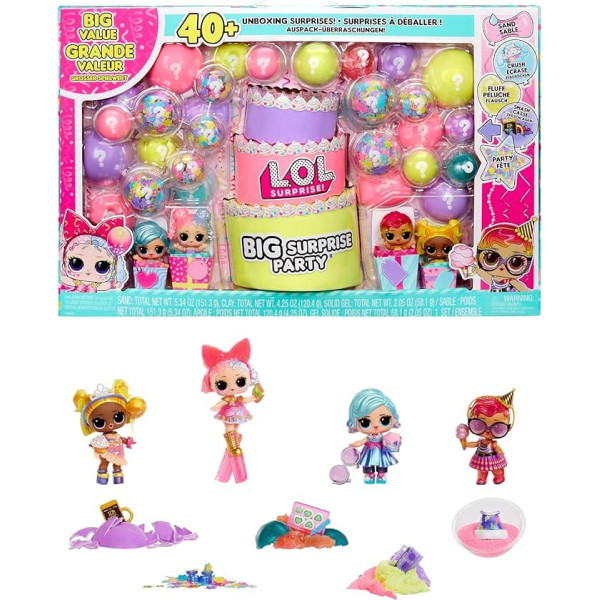 L.O.L. Surprise! Big Surprise Party, 4 Collector's Dolls, 40 Plus Surprises, 5 Unpacking Experiences, Fashion, Sand, Gel Crush, Shell Smash, Fluff, Party Confetti, Gift for Girls from 4 Years