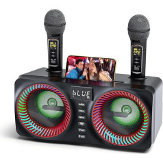 Karaoke Machine with Multicolor Lighting and 2 UHF Wireless Microphones, Dual Speakers with High Power of 15W, Support TF/USB Card, AUX Input, Red