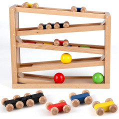 Jacootoys Wooden Car Ramp Marble Run Game Race Track 5 Layers Racer Toy Set 4 Cars 3 Balls Gift for Children Boys Girls