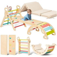 Giant bean 5-in-1 Montessori Climbing Triangle with Climbing Arch and Slide, Wooden Triangle for Toddlers from 1-3, Indoor Climbing Toy, Rainbow with Cushion, S