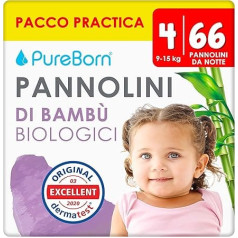 PureBorn Organic Bamboo Night Nappies, Size 4 (9-15 kg), Pack of 66 Pyjama Nappies Pants, Leak Protection for the Whole Night, Extra Absorption, Odour Protection, Panties with Wetness Indicator