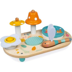 Janod - Pure Music Table with 5 Functions - Children's Wooden Play Table - Musical Wooden Toy - With Cymbal, Bell, Washboard and Tambourine - Baby Toy from 1 Year J05164