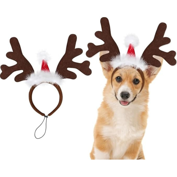 Mfsdai Hundegeweih Stirnband Kostüm mit Weihnachtsmannmütze, Hund Weihnachten Outfit Katzenpullover für kleine und mittelgroße Katzen Welpen Hunde
