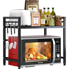 Mointal Adjustable Microwave Rack, 2-Tier Expandable Kitchen Microwave Stand Shelf, Carbon Steel Microwave Holder, Kitchen Storage Organiser with 8 Hooks, Black