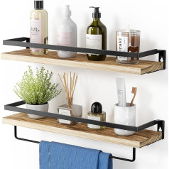 Amada Homefurnishing Wooden Wall Shelf, 42 cm, Shelf with Towel Rail, Floating Shelf, Set of 2, Rustic Shelf Wall for Bathroom, Bedroom, Living Room, Kitchen, Home Office, Laundry Room
