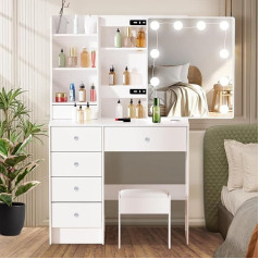 Lianwang Dressing Table with Lighting, Dressing Table with Mirror for Make-Up, 3 Colour Temperatures and Adjustable Brightness, 6 Drawers, 1 x Stool, Modern, 131 x 80 x 36 cm, White