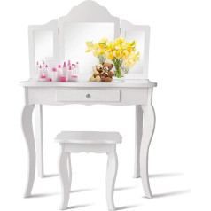 Costway 2-in-1 Children's Dressing Table with Stool, Dressing Table with 3-Way Removable Mirror and Drawer, Cosmetic Table Girls Wood, 70 x 34 x 103 cm (White)