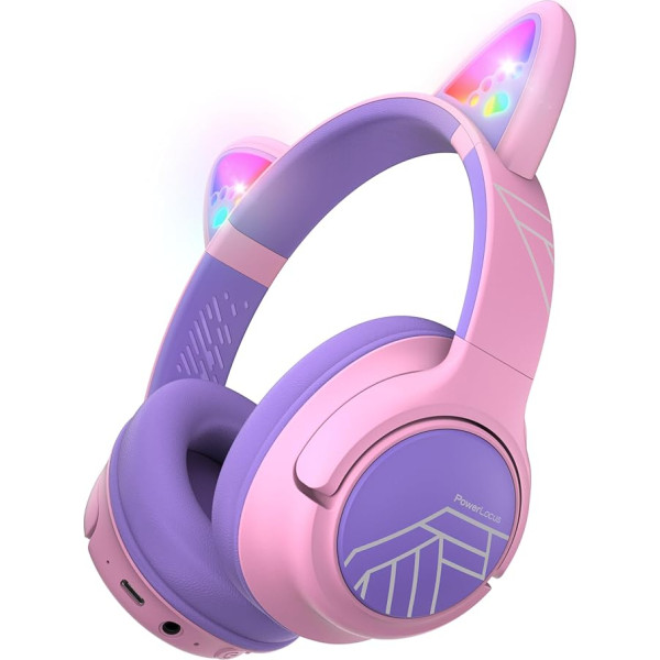 PowerLocus Children's Bluetooth Headphones, Over Ear Headphones with 74/85/94 dB Volume Limit, LED Lights, Wireless & Aux Cable, Foldable Headphones with Microphone (Purple/Pink)