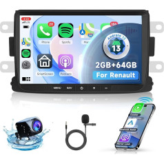 Hodozzy 2GB + 64GB Carplay Android Car Radio 2 DIN Navigation System for Renault Dacia Duster Sandero Dokker Logan Lodgy Captur with Android Car, 8 Inch Touchscreen with Bluetooth WiFi FM/RDS EQ