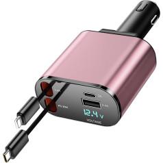 COCIVIVRE Roll-up Car Charger, 4-in-1 USB C Fast Car Charger 60 W, Retractable Cable (2.6 ft) and 2 USB Ports Car Charger Adapter, Compatible with iPhone 15/14/13/12/Pro Max/Plus/Pro.