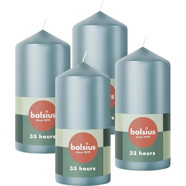 Bolsius Smooth Pillar Candles - Metallic Blue - Pack of 4 - 12 x 6 cm - Decorative Household Candles - Length Burning Time 33 Hours - Unscented - Contains Natural Plant Wax - Without Palm Oil
