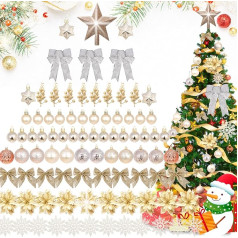 Christmas Tree Decoration, Christmas Tree Decorations, Christmas Baubles, Pack of 88 Champagne Christmas Tree Decorations with Christmas Flowers, Snowflakes, Bow, Tree Topper Star for Christmas