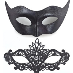 Pack of 2 Masquerade Masks, Women and Men, Venetian Eye Masks, Halloween Party, Lace Ball Masks for Cosplay, Costume, Carnival Masks, Black