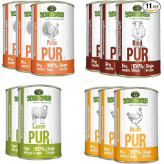 Schecker Wet Food - Meat PUR 11 - 4 Varieties - Beef - Chicken - Lamb and Turkey Pure - 11 Cans 410 g Each