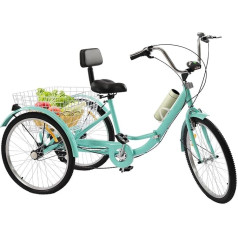 Tricycle for Adults 24 Inch Foldable 3 Wheels Adult Bicycle 7 Speed with LED Light Vegetable Basket for Men, Women and Elderly People