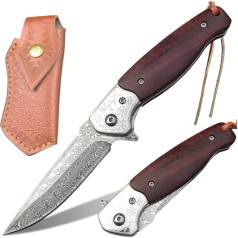 Damask Folding Knife Damascus Knife Pocket Knife with Damascus Steel Blade, Wooden Handle, Flipper, Knife Sheath Leather Fishing Knife Sharp One-Handed Knife EDC Knife for Outdoor Camping Hunting