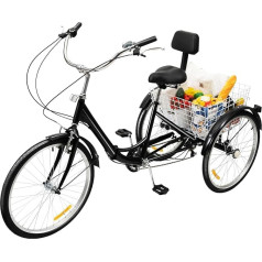 HANGKAI 24 Inch Folding Tricycle Adult, 7-Speed 3-Wheel Bicycle Trike with Basket