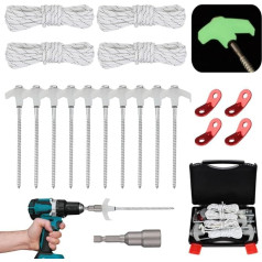 yeeplant Heavy Duty Metal Tent Pegs Screw in Base 4 Reflective Ropes 4 Rope Tensioners with Luminous Head 8 Inch Packed in a Portable Box Tent Fixing Spikes for