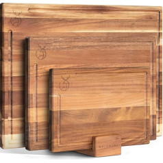 WALDWERK Set of 3 Solid Acacia Chopping Boards (40 x 30 cm / 33 x 24 cm / 26 x 18 cm), with Board Stand, 2 cm Thick Wooden Boards with Juice Groove, Designer Chopping Board Set