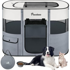Pawaboo Portable Pet Hutch Foldable Dog Play Pen with Waterproof Oxford, Cat Pen with Travel Bag, Foldable Bowl, Indoor Outdoor Use for Puppies, Cats, Rabbits, M, Grey