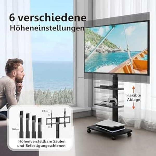 FITUEYES TV Trolley TV Stand 3 Shelves with Wheels TV Stand with Bracket Height Adjustable 32 to 60 Inch LED LCD TV Plasma
