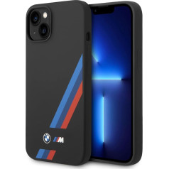 CG MOBILE BMW Case for iPhone 14 Plus in Black with Slanted Tri-Colour Stripes, Silicone Smooth & Scratch Resistant Protective Case with Easy Snap-on, Shock Absorption & Signature Logo