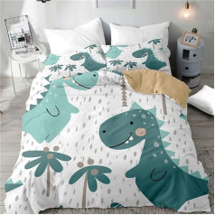 Morbuy -Shop Children's Bed Linen 155 x 220 cm Children's Bed Linen Boys Dinosaur Duvet Cover White Blue Pattern 3-Piece Bed Linen with 2 Pillowcases 50 x 75 cm