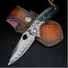 KOMWERO Damask Pocket Knife High Quality with Damascus Steel Blade, Wooden Handle, Knife Sheath - Sharp Damask Folding Knife One-Handed Knife for Men Collecting Hunting Camping Gift