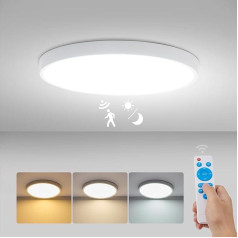 Bojim LED Ceiling Light with Radar Motion Sensor, 24 W Round Ceiling Light with Remote Control and Twilight Sensor, 3000 K / 4000 K / 6000 K 3 Colours Ceiling Light Flat for Hallway Balcony Cellar