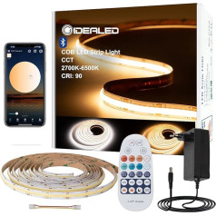 GIDEALED CCT COB LED Strip Dimmable 5 m Kit, 24 V 2700 K ~ 6500 K COB LED Strip Light with RF Remote Control and Bluetooth App Control, 2880 LEDs, CRI90 Super Bright Cool White Warm White Strip for