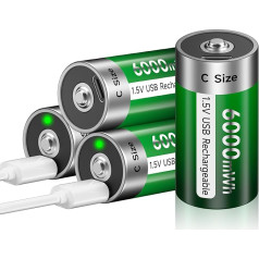 Pack of 4 Rechargeable Baby C Batteries, USB 6000 mWh, 1.5 V/Lithium Rechargeable Batteries, C Battery, High Capacity with Type C Charging Cable, 3 Hours Quick Charge