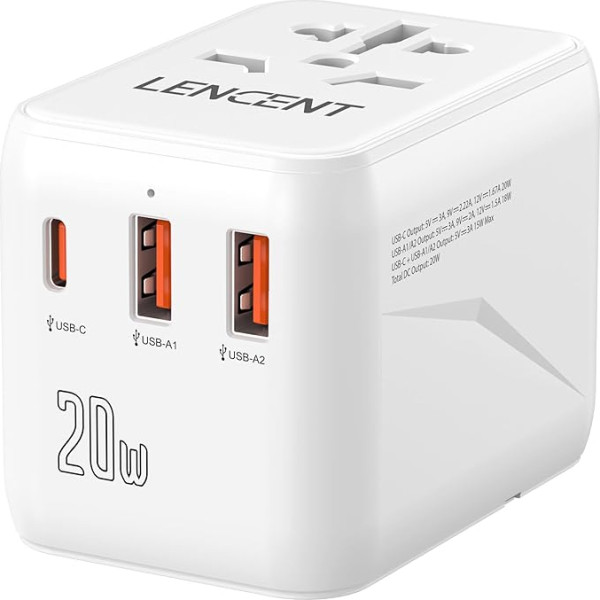 LENCENT Universal Travel Adapter, World Travel Plug International Adapter with 2 USB & Type-C PD 20W, Worldwide Charger for Mobile Phones, Laptop, USA/UK/EU/AUS Sockets, White