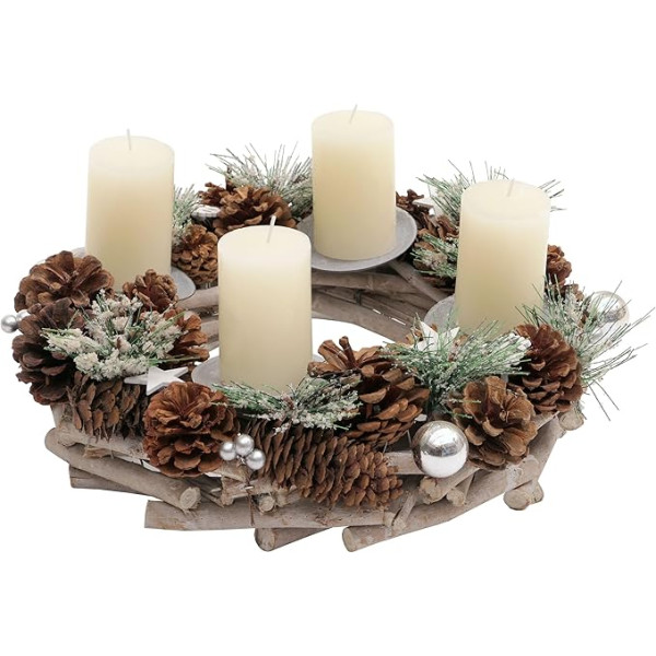 Advent Wreath HWC-M15, Advent Arrangement, Table Wreath, Christmas Decoration, Wood MVG, Silver, Diameter 32 cm, with Candles