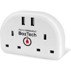 BazTech European Travel Adapter, 2 Pin EU Converter to UK 3 Pin Power Switch Extension 2 Sockets with 2 USB Ports EU to UK Adapter