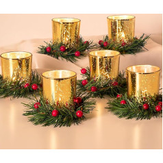 Tea Light Holder Christmas Candle Holder Christmas Decoration Table: Hewory Pack of 6 Table Decoration Christmas Tea Light Glasses with Artificial Advent Wreath Red Berries Candle Ring
