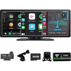 SCUMAXCON 10.26 Inch Portable Car Radio with Wireless Apple Carplay Android Car with 4K Dash Cam/1080P Rear View Camera/IPS Touch Screen/Voice Assistant/GPS/Bluetooth/FM/Loop Recording/AUX/64G TF Card
