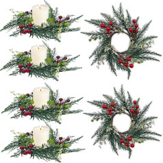 KUWUNG 4 Pack Christmas Candle Rings 20cm Artificial Red Berries and Snow Pine Needles Candle Wreath Ring for Pillar Rustic Wedding Centerpiece Front Door Christmas