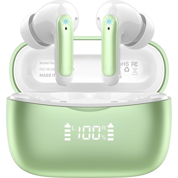 Bluetooth Headphones, Wireless Bluetooth 5.3 In-Ear Headphones with 4 ENC Noise Cancelling Mic, 56H HiFi Stereo Deep Bass Playtime, IP7 Waterproof Earphones LED Display, Touch Control, Green