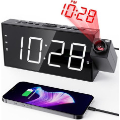 ROCAM Alarm Clock with Projection for Bedroom, LED Projection Alarm Clock on the Ceiling with USB Charger, Battery Backup, 180° Projector & Dimmer, 12/24H, DST, Snooze, Digital Clock for Older