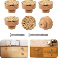 ANPHSIN Boho Rattan Drawer Knobs Durable Beech Wood Decorative Handmade Braided Drawer Knobs with 12 Screws for Cabinets Furniture Pack of 6