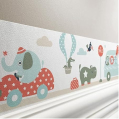 lovely label Self-Adhesive Border Animals on Tour Mint Red Beige - Wall Border Nursery Baby Room with Elephant in Car - Wall Sticker Bedroom Girl & Boy - Wall Decoration Baby Children