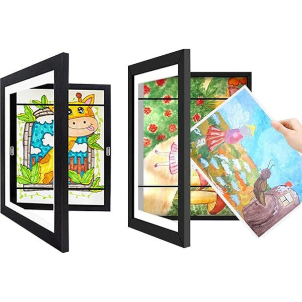 posionks Pack of 2 Picture Frames Children's Drawings A4 Children's Art Frame Front Opening A4 Picture Frame for Children's Drawings Present Your Child's Drawing Art (Black)