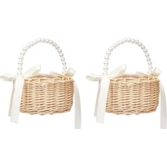 Pack of 2 Wicker Flower Girl Basket for Weddings, Rattan Flower Basket, Handmade Basket with Handle, Wicker Basket, Flower Basket for Wedding Party