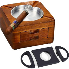 FINEW Cigar Ashtray Coaster with Cigar Accessories, Wooden Ashtray with Cigar Cutter