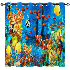ANHOPE Ocean Curtains Eyelet Curtains 80% Blackout Room Darkening Curtains with Sea Animal Fish Shipwreck Print Pattern Thermal Insulated Window Curtains for Kids Room Living Room 46 x