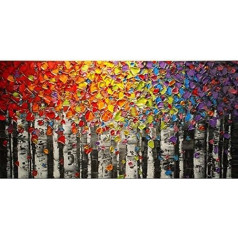 Orlco Art Wall Decoration Hand-Painted Landscape Flower Wall Art Abstract Spatula Gold Tree Blossom Painting On Canvas Family Wall Living Room Art Wall Decoration Stretched 71 x 142 cm