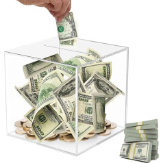 Hojalis Clear Acrylic Money Box 12 x 12 x 12 cm Square Open Money Box Transparent Piggy Bank for Cash or Coins Clear Money Box Non-Opening Money Box for